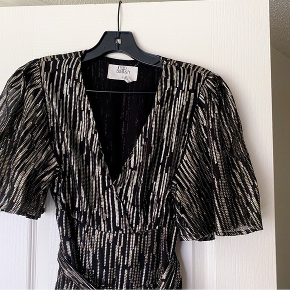 Ba&sh Dress Nixon Metallic Crossover-Neck Tie Maxi Party Black Gold XS GUC - Picture 6 of 12